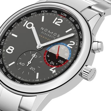 Montre Nomos Club Sport Neomatik Worldtimer Volcano sapphire back - Limited edition 40 mm steel bracelet