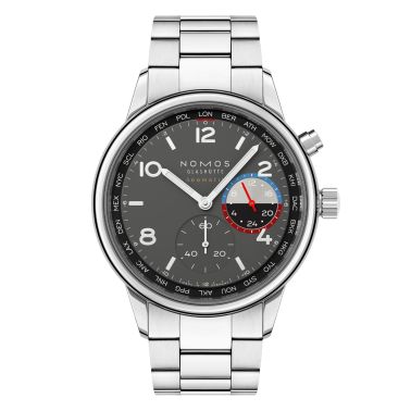 Montre Nomos Club Sport Neomatik Worldtimer Volcano fond saphir - Ed. Limitée bracelet acier 40 mm