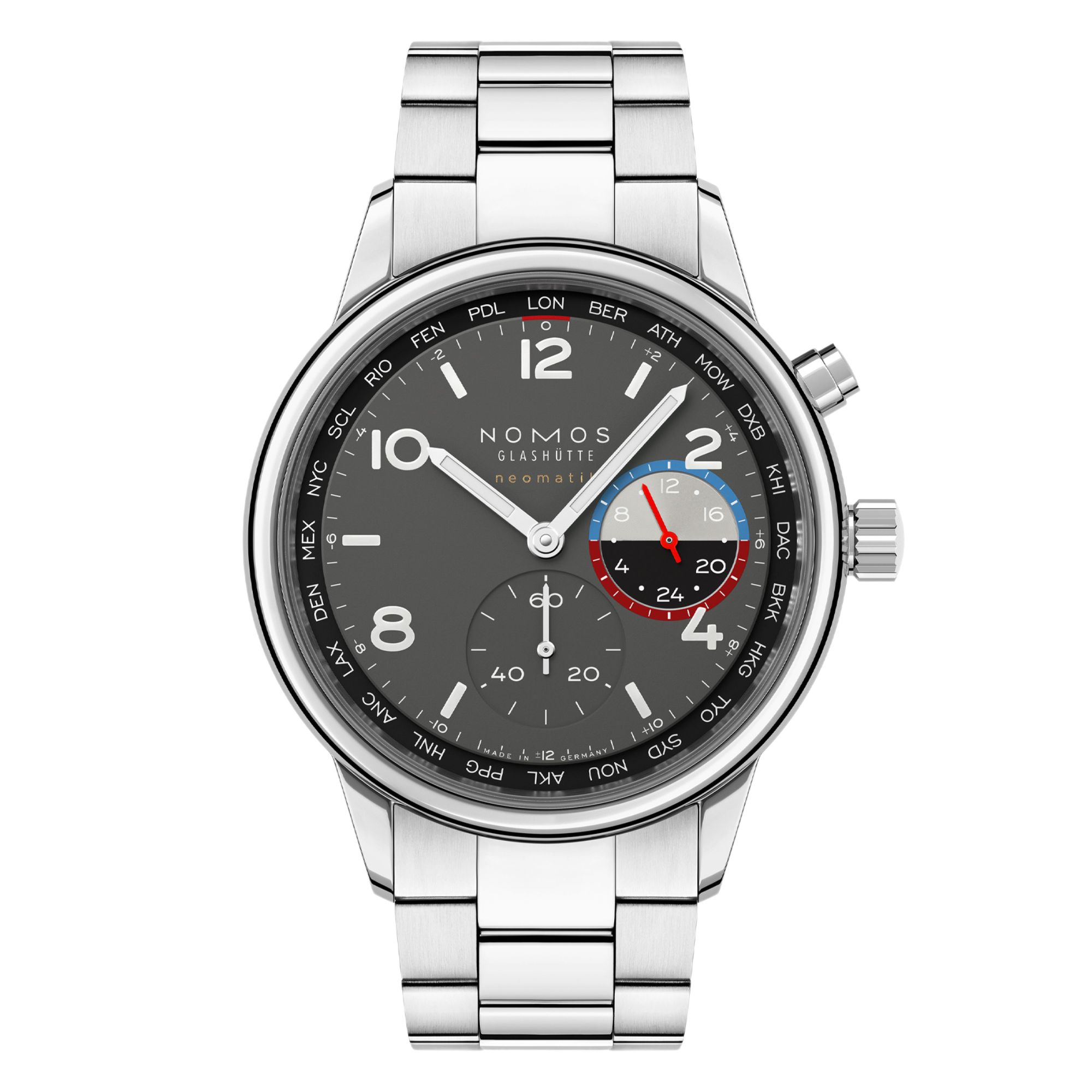 Montre Nomos Club Sport Neomatik Worldtimer Volcano fond saphir - Ed. Limitée bracelet acier 40 mm