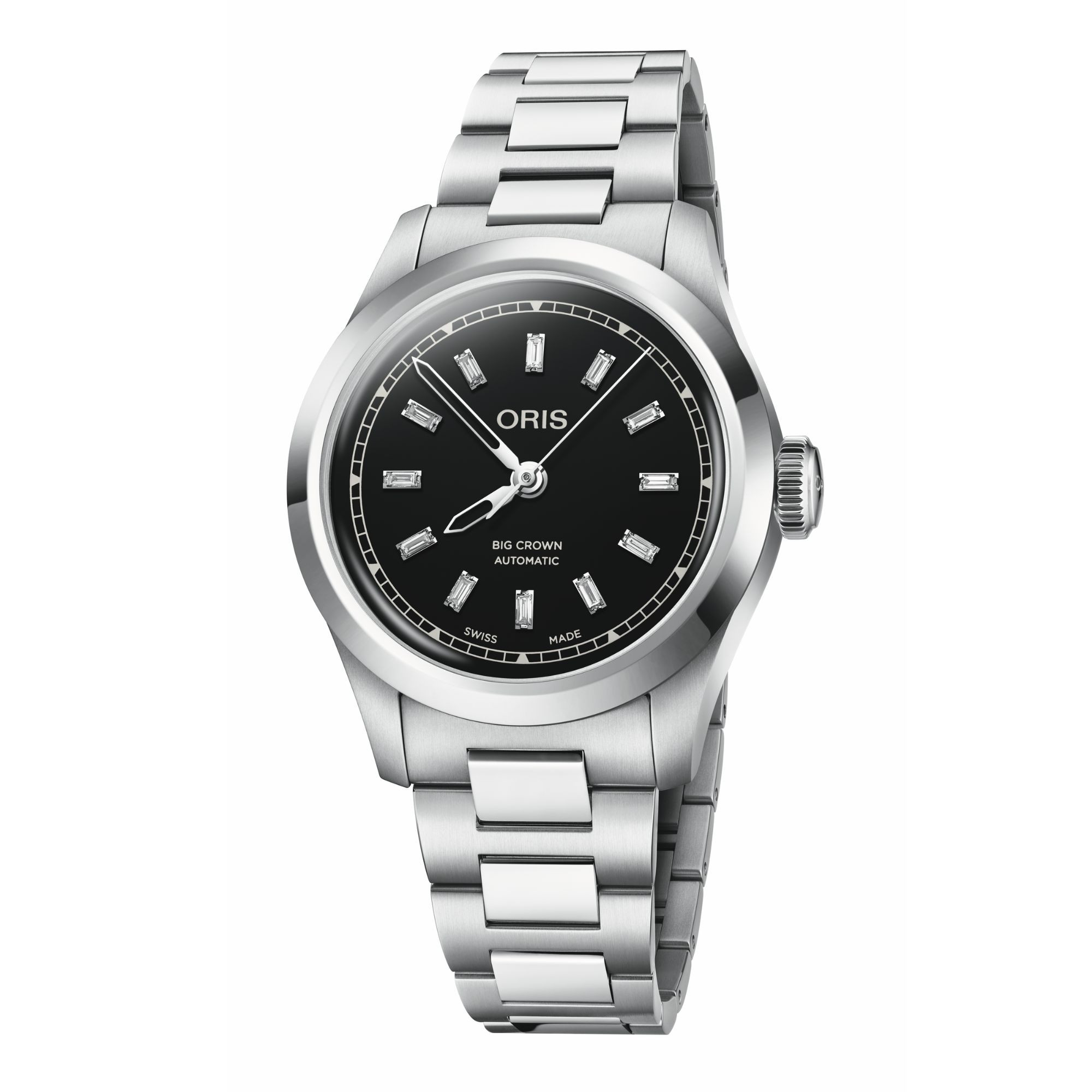 Montre Oris Big Crown automatique cadran noir diamants bracelet acier 34 mm