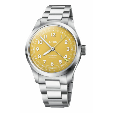 Montre Oris Big Crown Pointer Date automatique cadran jaune bracelet acier 40 mm