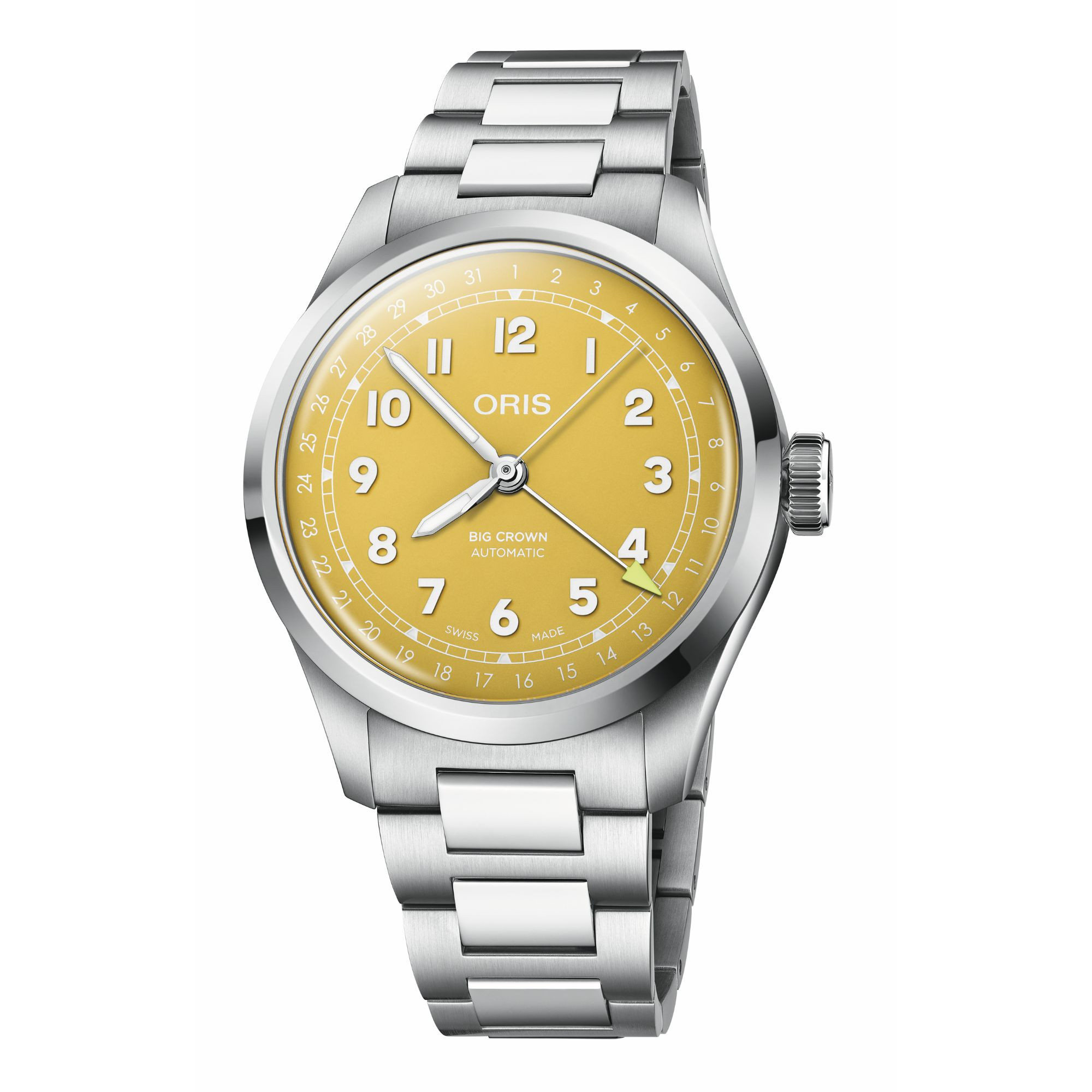 Montre Oris Big Crown Pointer Date automatique cadran jaune bracelet acier 40 mm
