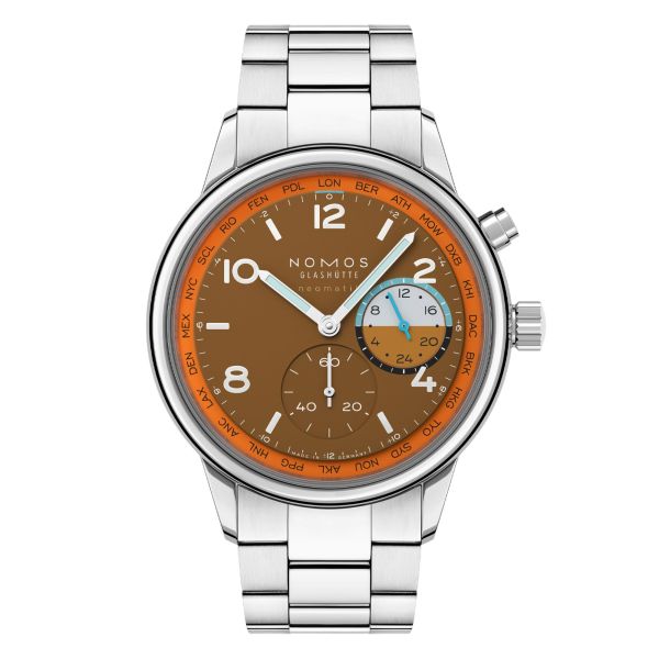 Montre Nomos Club Sport Neomatik Worldtimer Canyon fond saphir - Ed. Limitée bracelet acier 40 mm