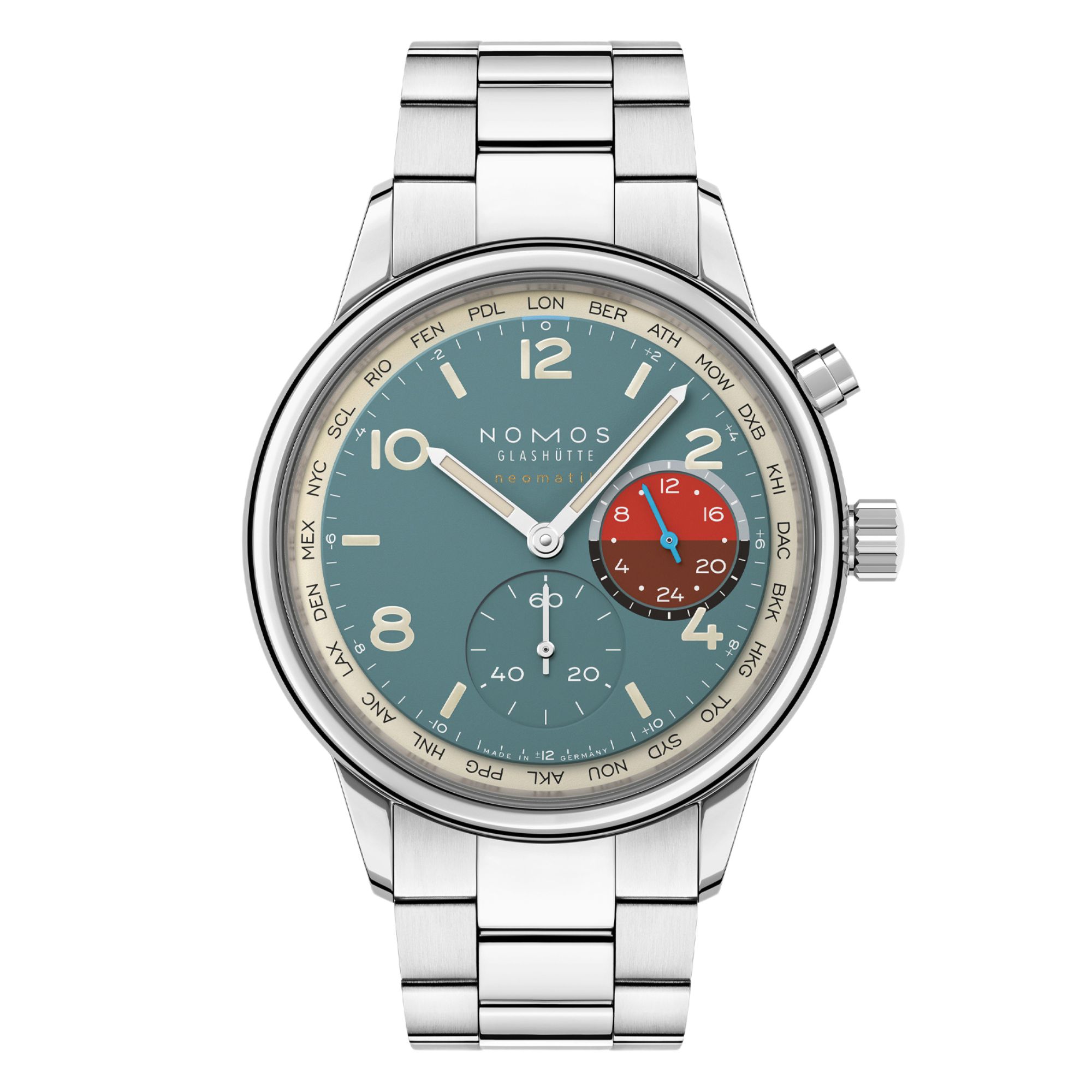 Montre Nomos Club Sport Neomatik Worldtimer Glacier sapphire back - Limited edition 40 mm steel bracelet