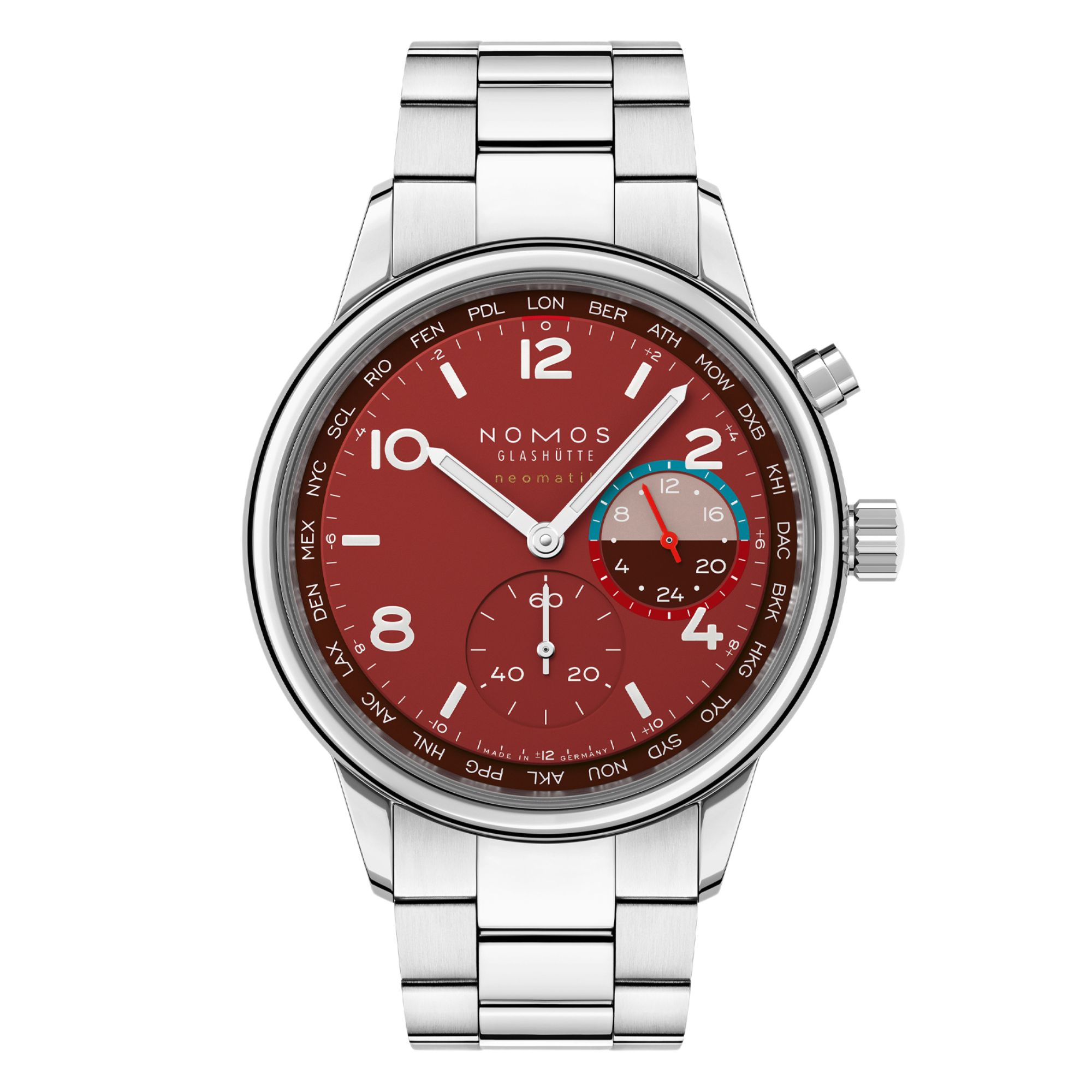 Montre Nomos Club Sport Neomatik Worldtimer Magma fond saphir - Ed. Limitée bracelet acier 40 mm