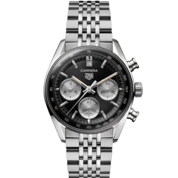 Montre TAG Heuer Carrera Chronograph "Glassbox" automatique cadran noir bracelet acier "grains de riz" 39 mm