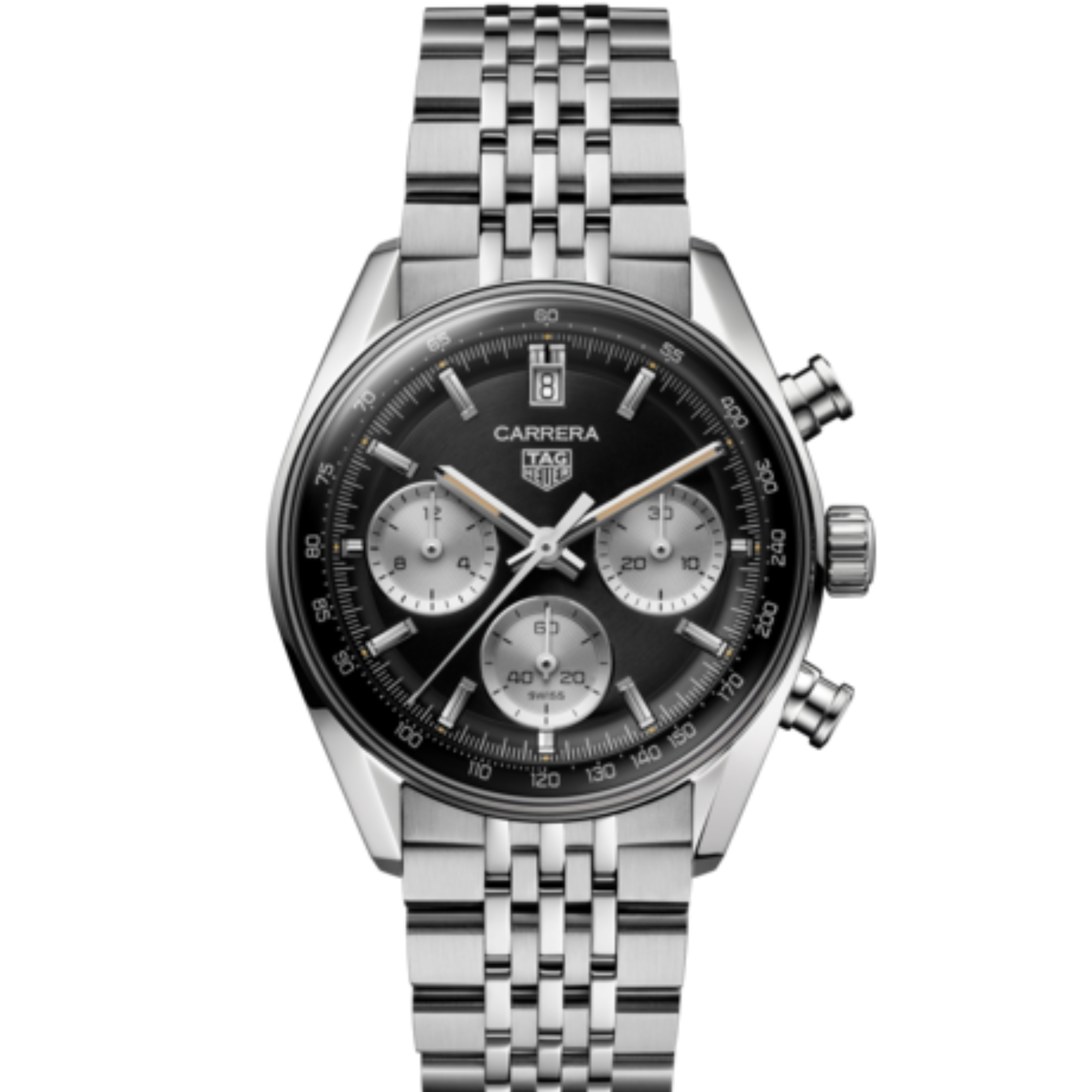 TAG Heuer Carrera Chronograph "Glassbox" automatic black dial "beads-of-rice" steel bracelet 39 mm