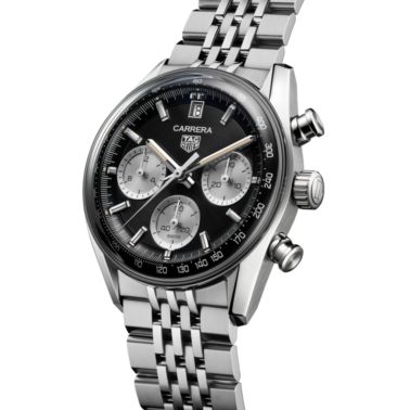 Montre TAG Heuer Carrera Chronograph "Glassbox" automatique cadran noir bracelet acier "grains de riz" 39 mm