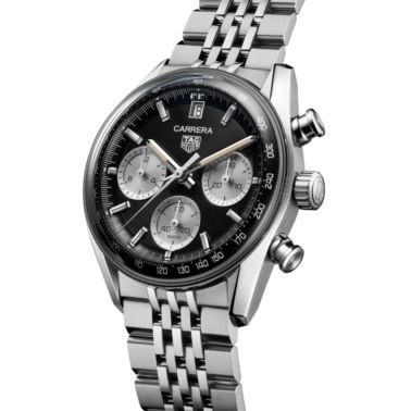 Montre TAG Heuer Carrera Chronograph "Glassbox" automatique cadran noir bracelet acier "grains de riz" 39 mm