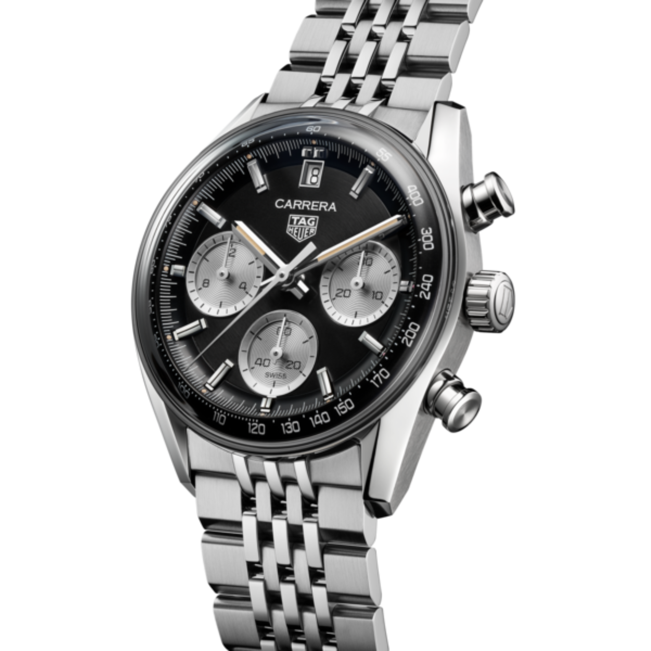 TAG Heuer Carrera Chronograph "Glassbox" automatic black dial "beads-of-rice" steel bracelet 39 mm