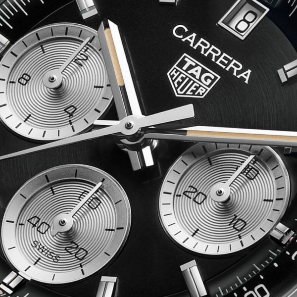 TAG Heuer Carrera Chronograph "Glassbox" automatic black dial "beads-of-rice" steel bracelet 39 mm