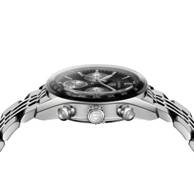 TAG Heuer Carrera Chronograph "Glassbox" automatic black dial "beads-of-rice" steel bracelet 39 mm