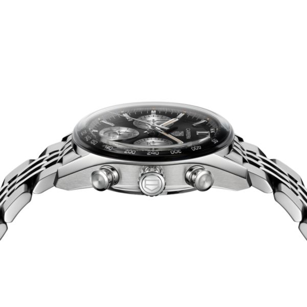 TAG Heuer Carrera Chronograph "Glassbox" automatic black dial "beads-of-rice" steel bracelet 39 mm