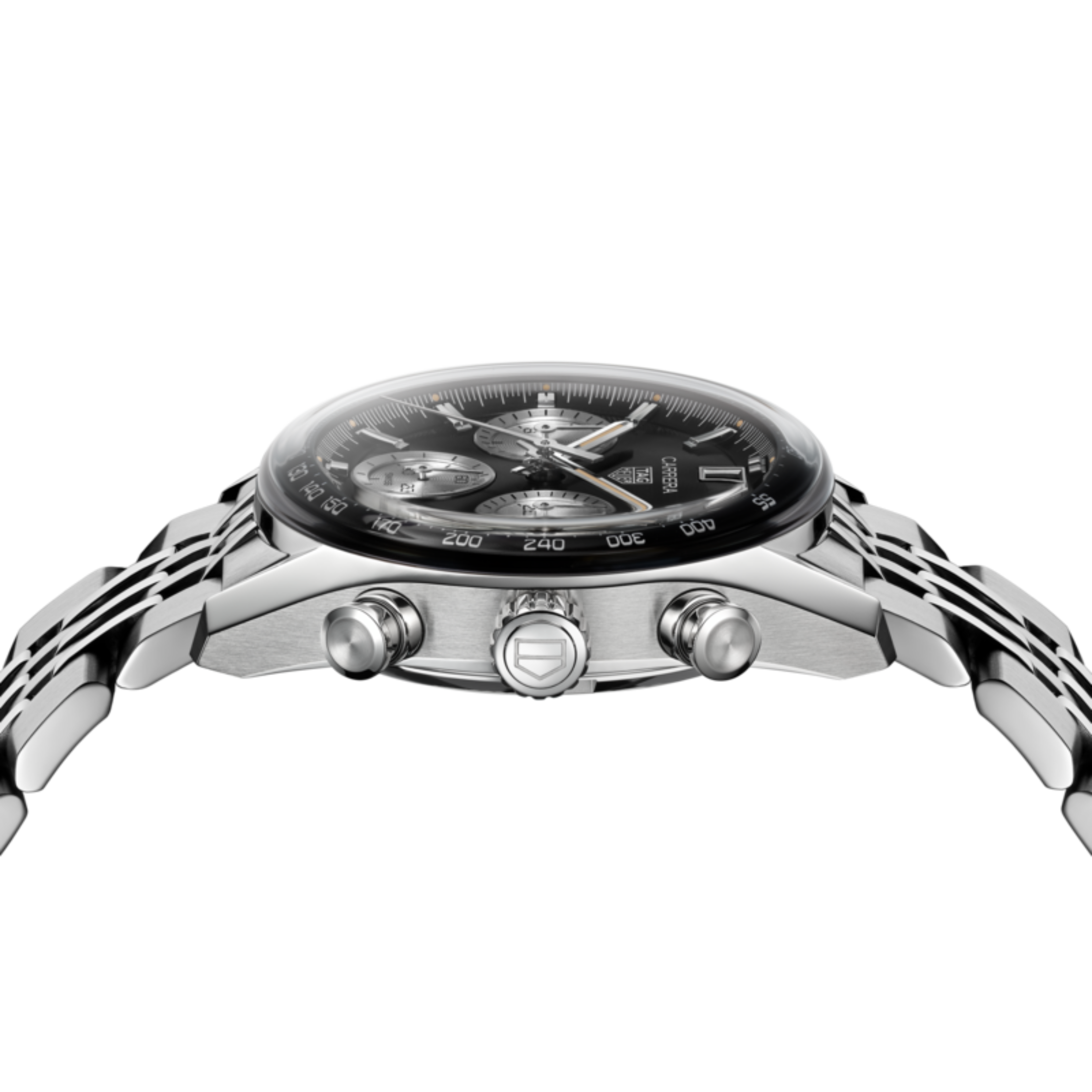 TAG Heuer Carrera Chronograph "Glassbox" automatic black dial "beads-of-rice" steel bracelet 39 mm