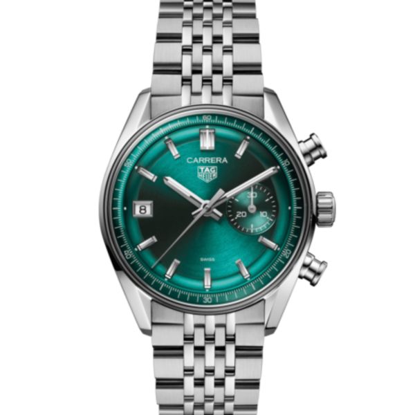 Montre TAG Heuer Carrera Chronographe DATO automatique cadran vert bracelet acier "grains de riz" 39 mm