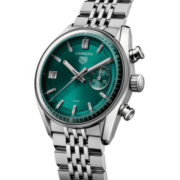 Montre TAG Heuer Carrera Chronographe DATO automatique cadran vert bracelet acier "grains de riz" 39 mm