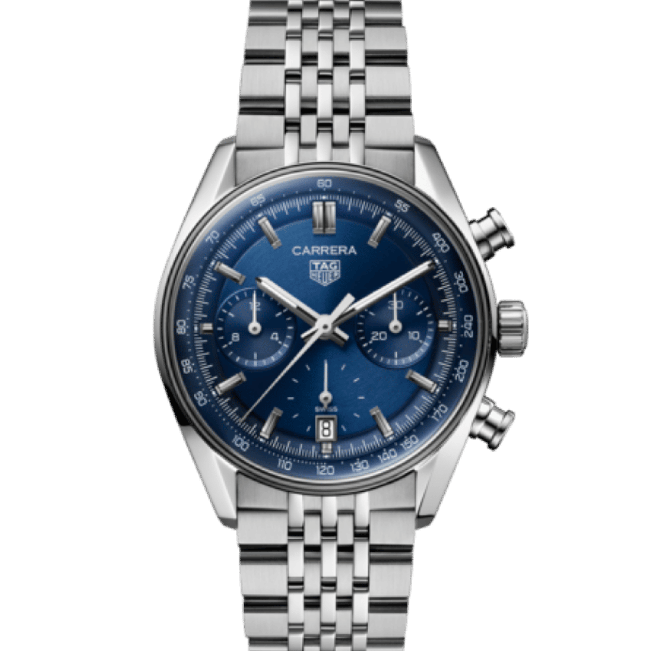 Montre TAG Heuer Carrera Chronograph "Glassbox" automatique cadran bleu bracelet acier "grains de riz" 39 mm