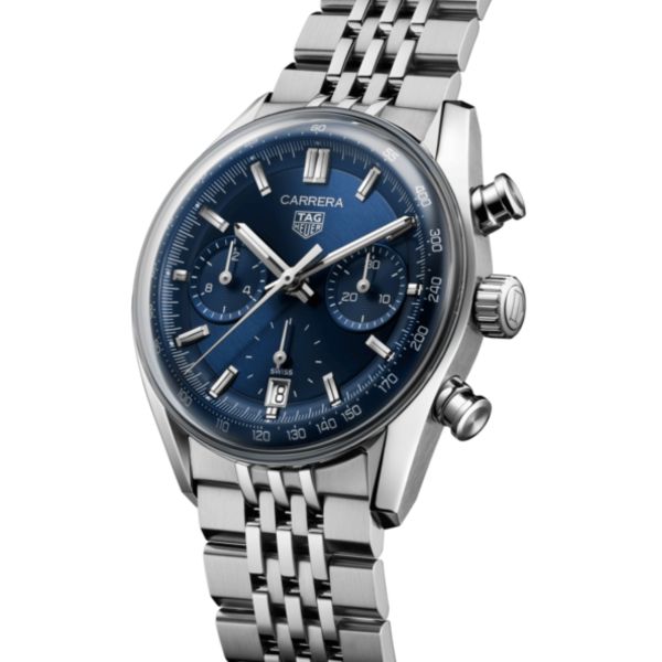 TAG Heuer Carrera Chronograph "Glassbox" automatic blue dial "beads-of-rice" steel bracelet 39 mm