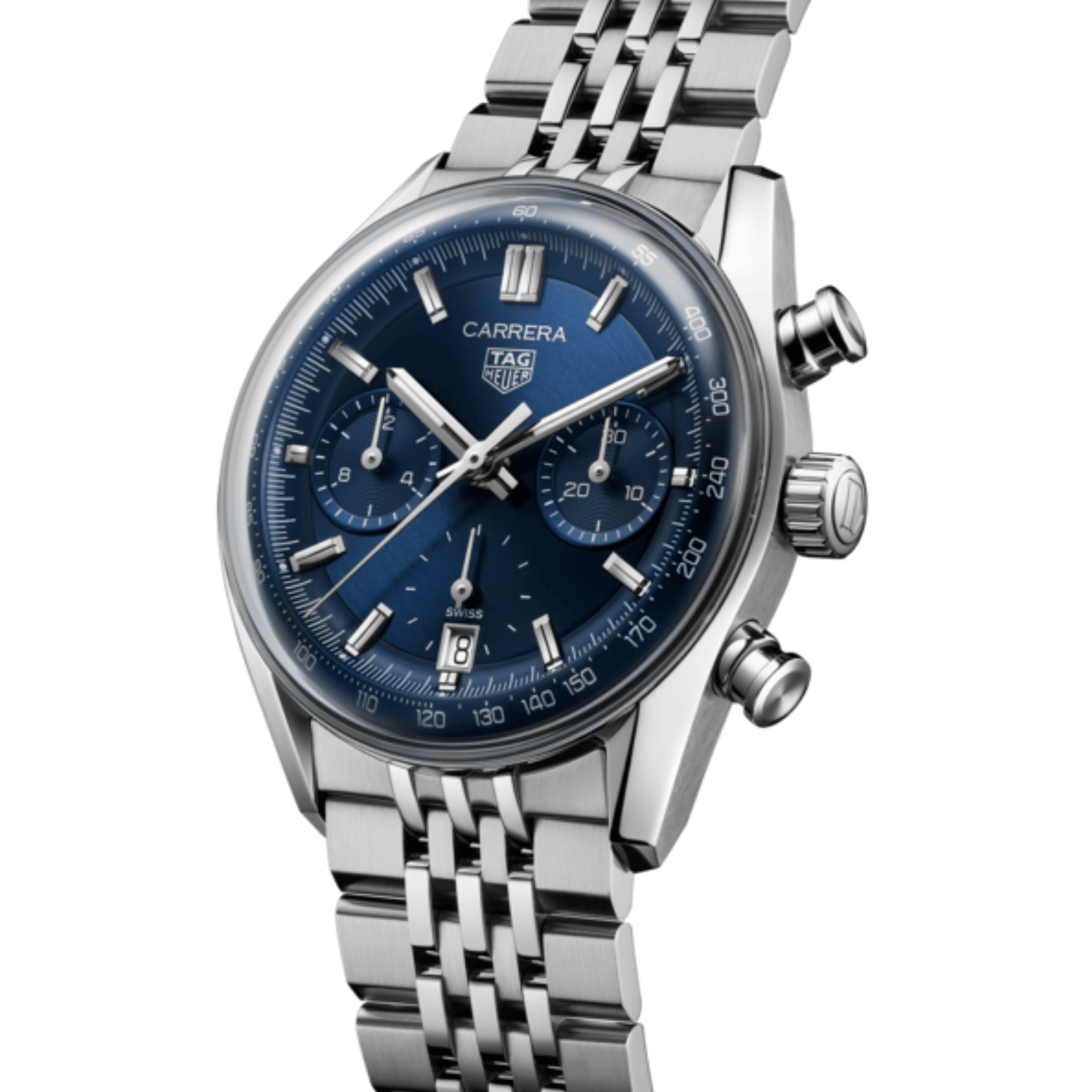 Montre TAG Heuer Carrera Chronograph "Glassbox" automatique cadran bleu bracelet acier "grains de riz" 39 mm