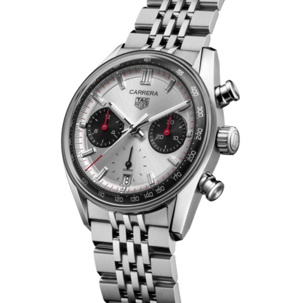 Montre TAG Heuer Carrera Chronograph "Glassbox" automatique cadran argent bracelet acier "grains de riz" 39 mm