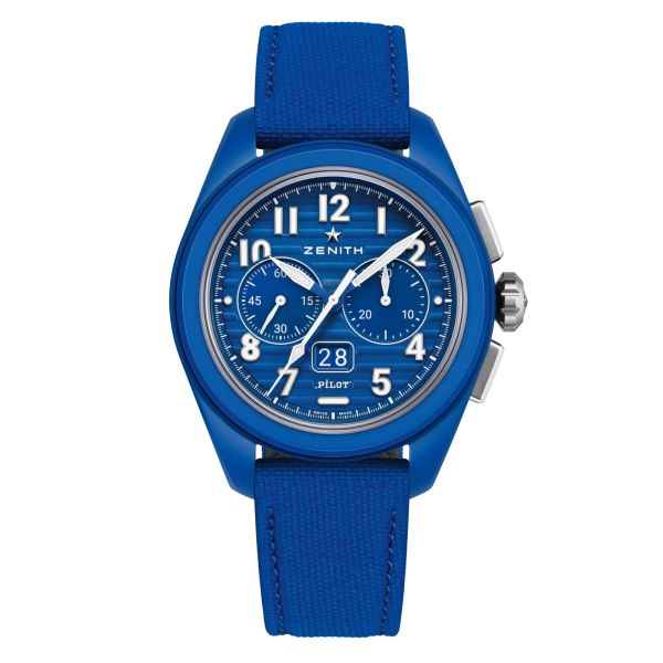 Montre Zenith Pilot Big Date Flyback 160ème Anniversaire Céramique Bleue automatique bracelet cordura 42,5 mm