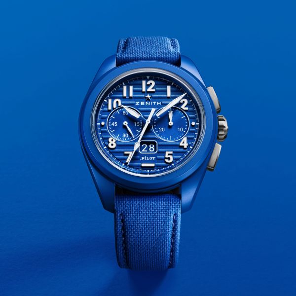 Zenith Pilot Big Date Flyback 160th Anniversary Blue Ceramic automatic El Primero cordura strap 42,5 mm