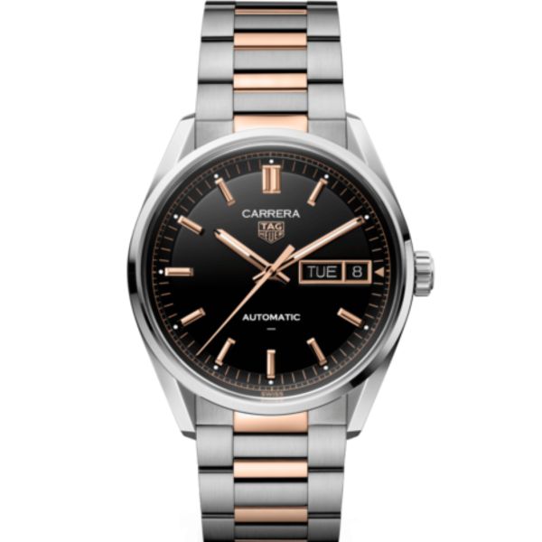 Montre TAG Heuer Carrera Day-Date automatique cadran noir bracelet acier et or rose 41 mm