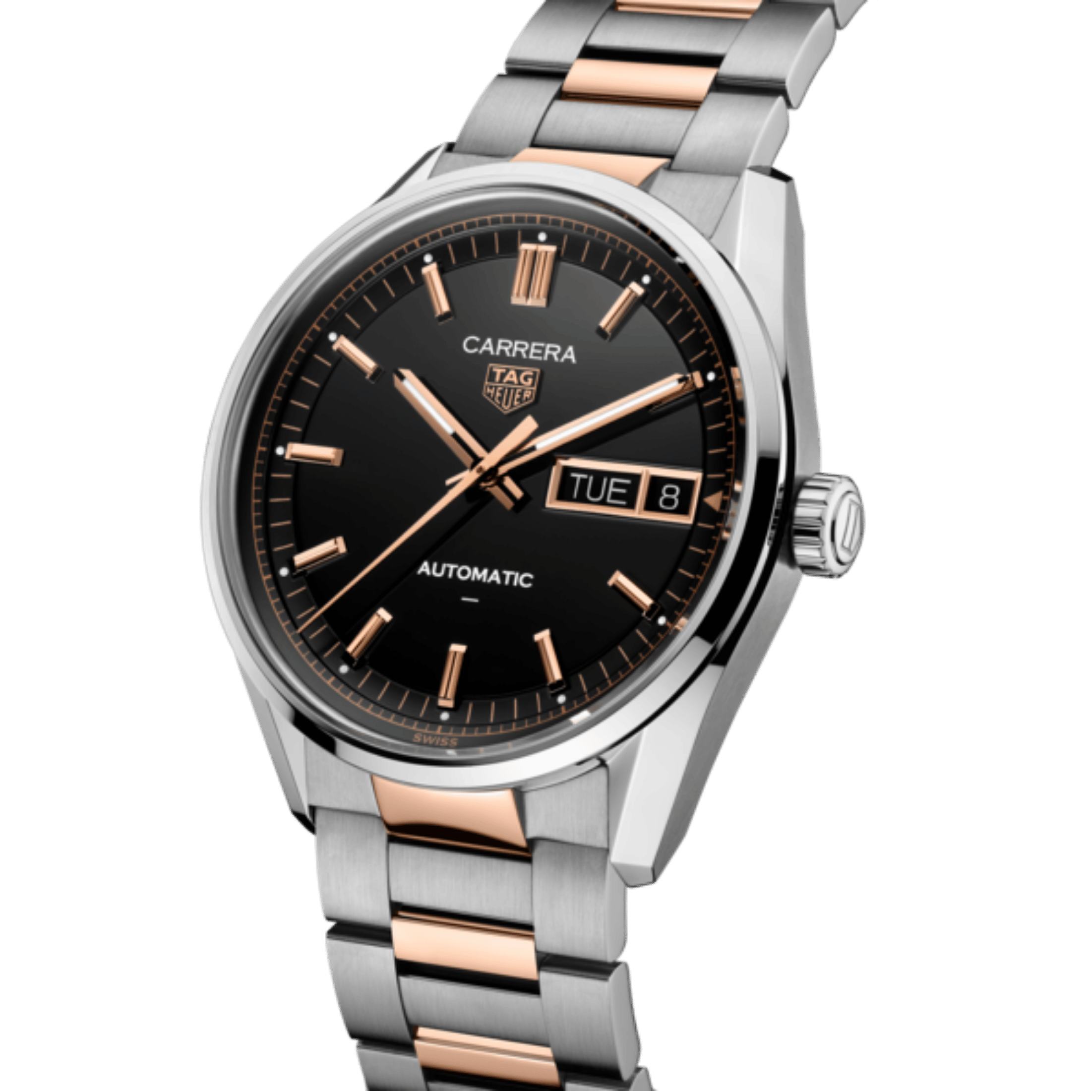 Montre TAG Heuer Carrera Day-Date automatique cadran noir bracelet acier et or rose 41 mm