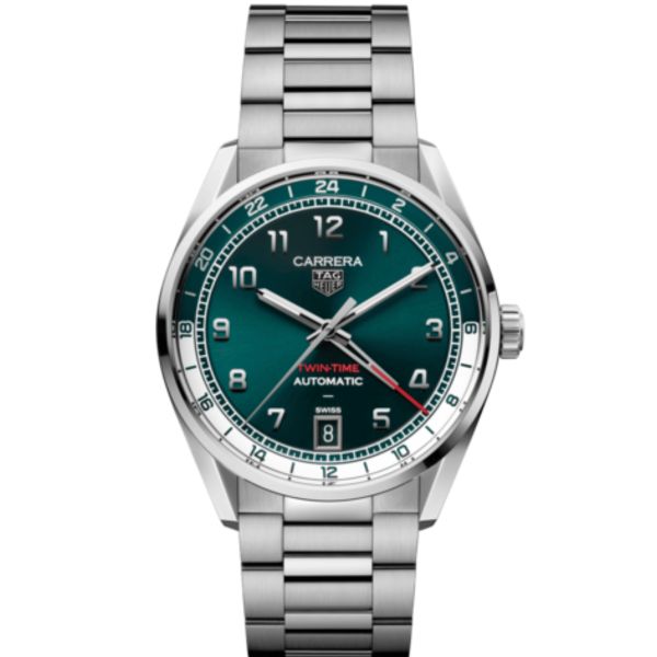 TAG Heuer Carrera Date Twin-Time automatic GMT green dial steel bracelet 41 mm
