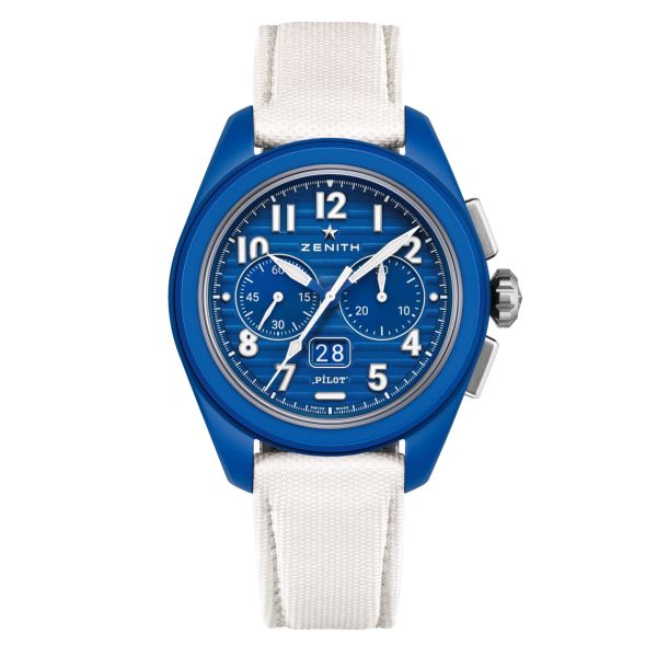 Zenith Pilot Big Date Flyback 160th Anniversary Blue Ceramic automatic El Primero cordura strap 42,5 mm