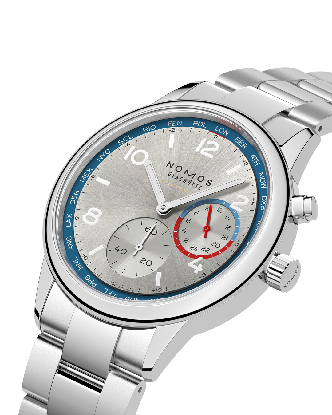 Watch Nomos Club Sport Neomatik Worldtimer Mondial sapphire back silver dial steel bracelet