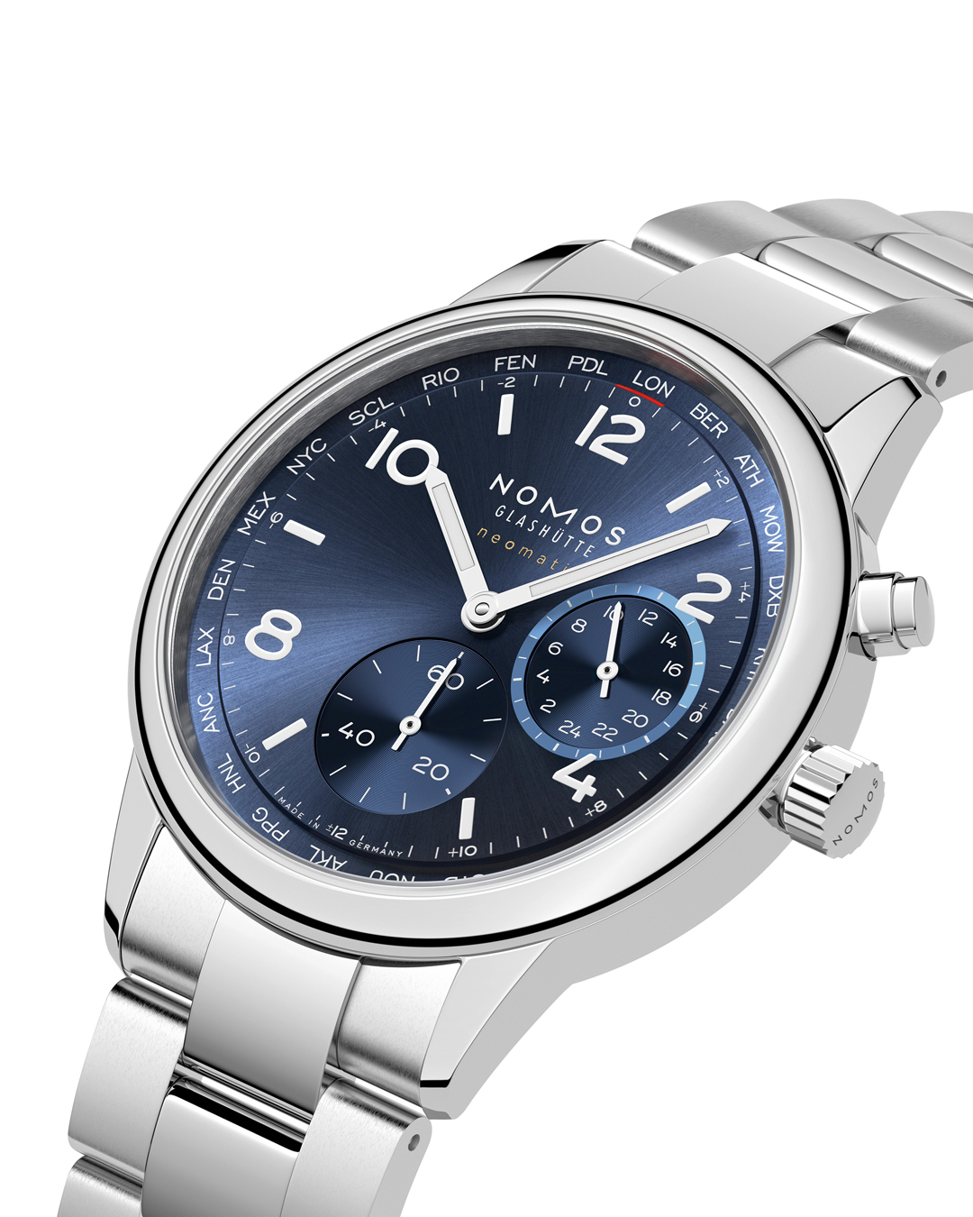 Watch Nomos Club Sport Neomatik Worldtimer Mondial sapphire back blue dial steel bracelet