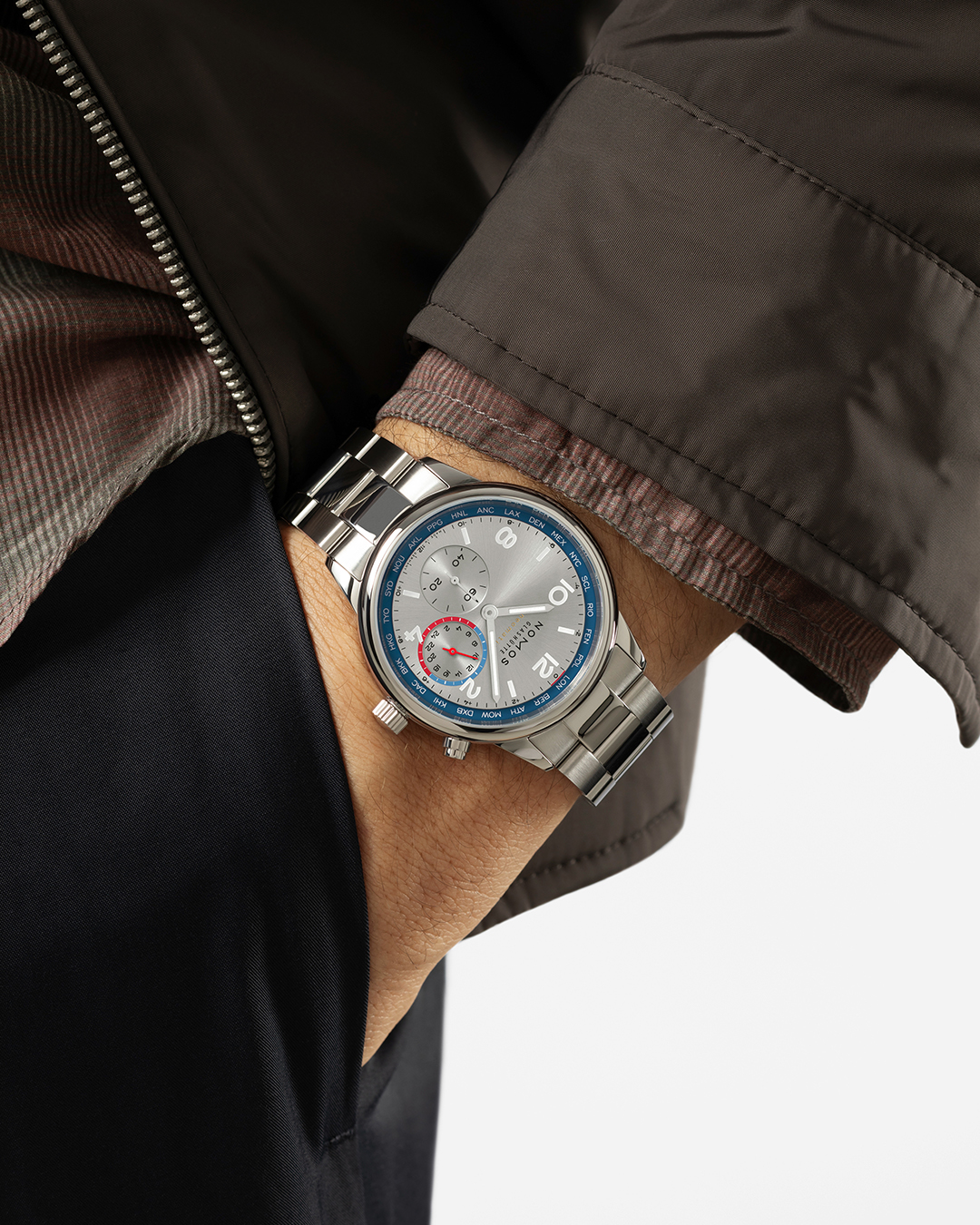 Watch Nomos Club Sport Neomatik Worldtimer Mondial sapphire back silver dial steel bracelet