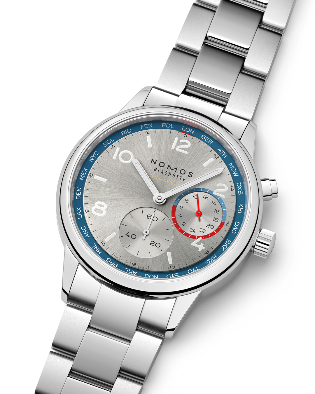 Watch Nomos Club Sport Neomatik Worldtimer Mondial sapphire back silver dial steel bracelet