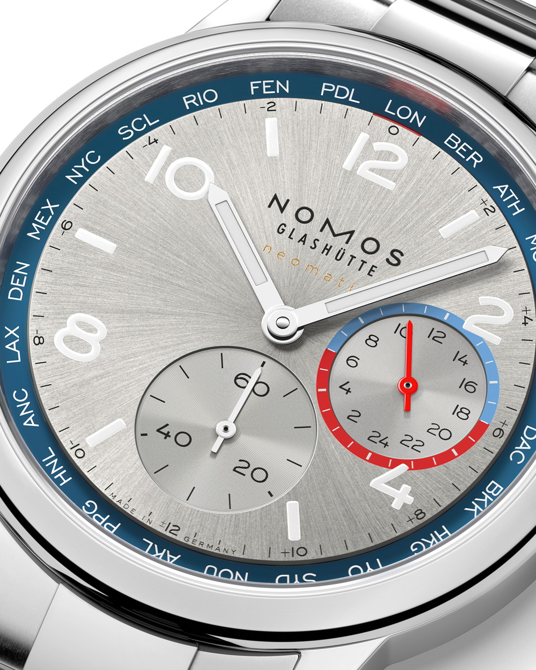 Watch Nomos Club Sport Neomatik Worldtimer Mondial sapphire back silver dial steel bracelet