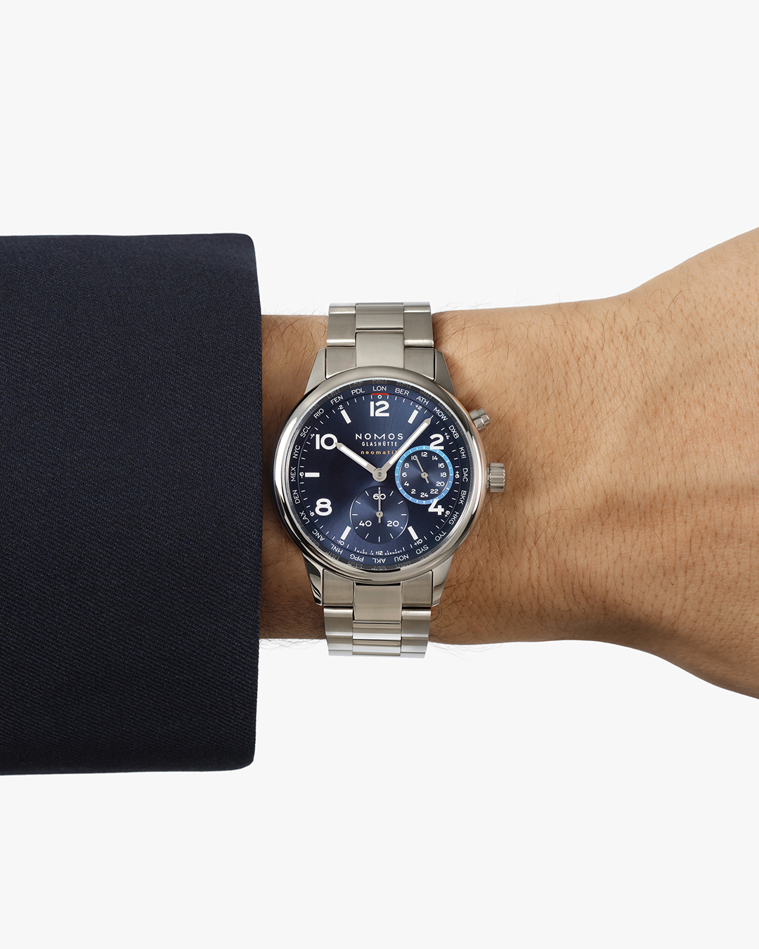 Watch Nomos Club Sport Neomatik Worldtimer Mondial sapphire back blue dial steel bracelet