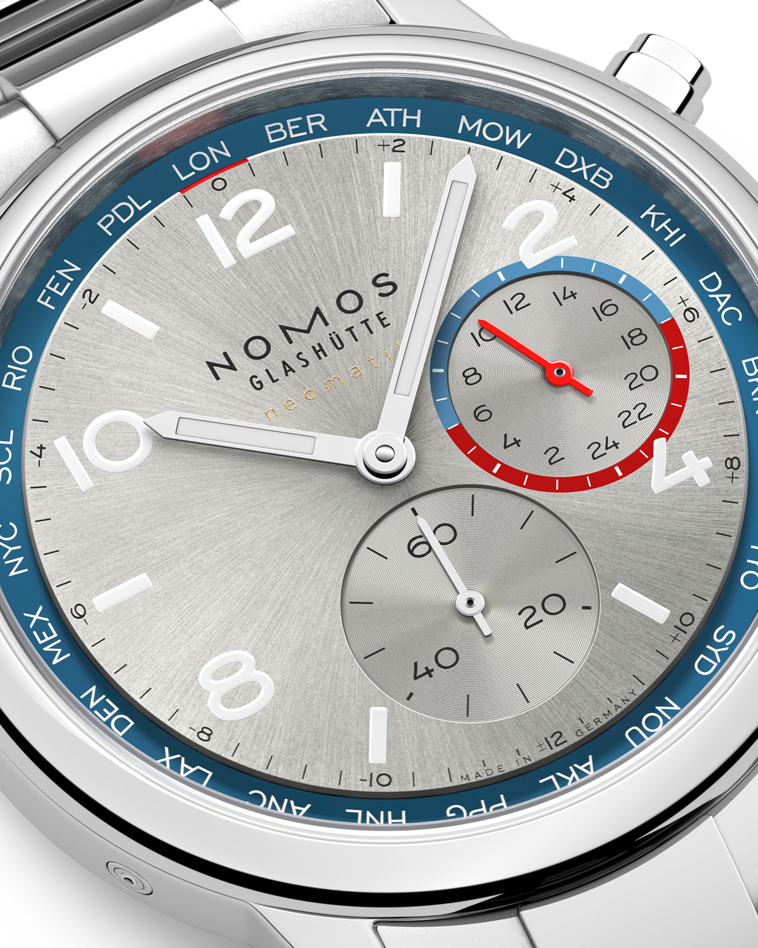 Watch Nomos Club Sport Neomatik Worldtimer Mondial sapphire back silver dial steel bracelet
