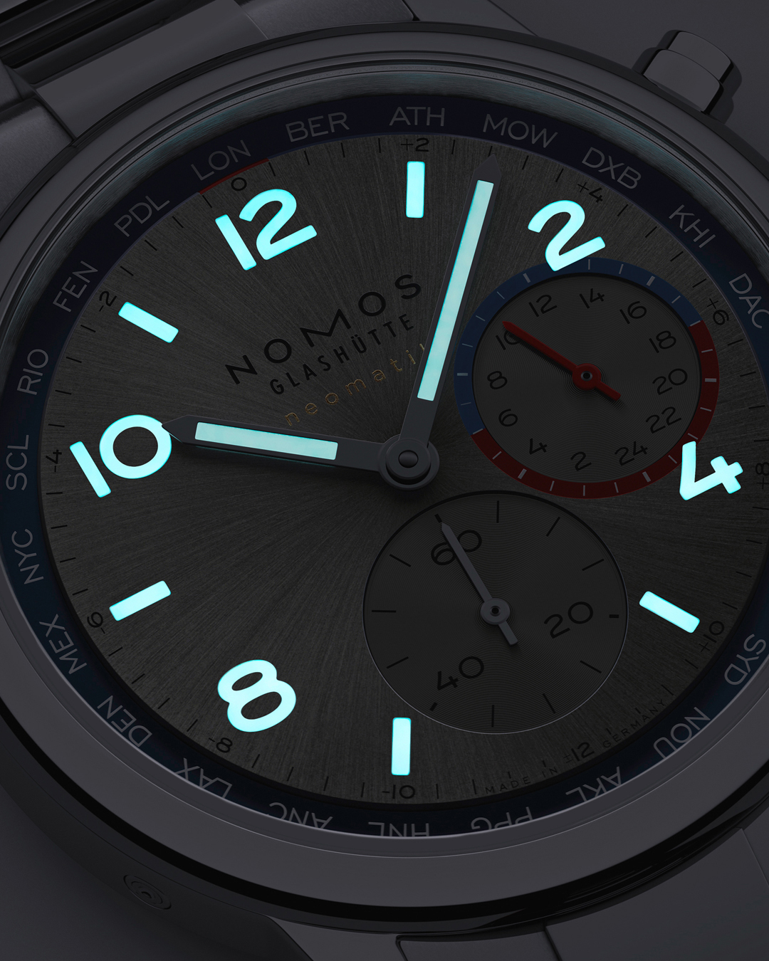 Watch Nomos Club Sport Neomatik Worldtimer Mondial sapphire back silver dial steel bracelet