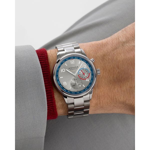 Watch Nomos Club Sport Neomatik Worldtimer Mondial sapphire back silver dial steel bracelet