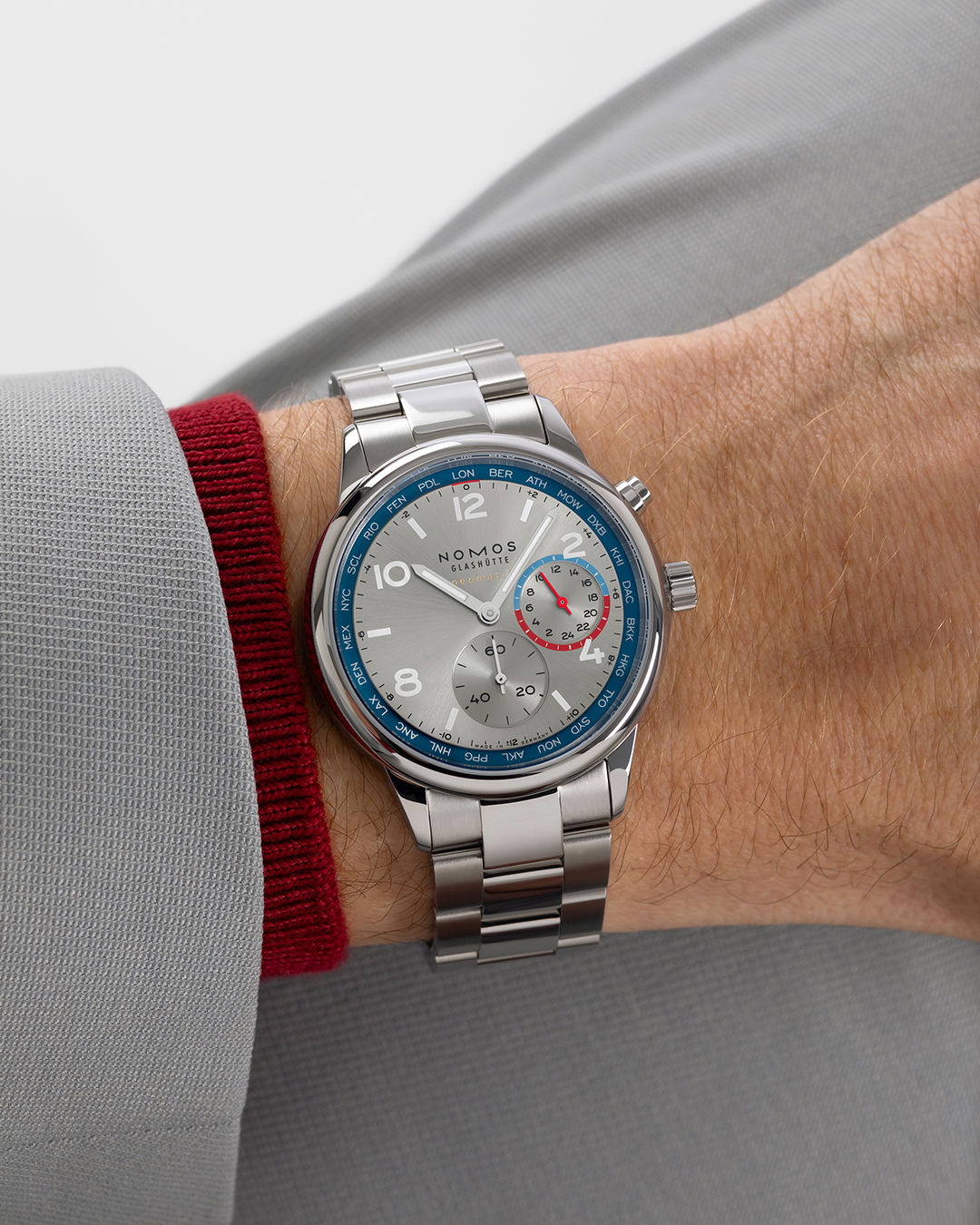 Watch Nomos Club Sport Neomatik Worldtimer Mondial sapphire back silver dial steel bracelet