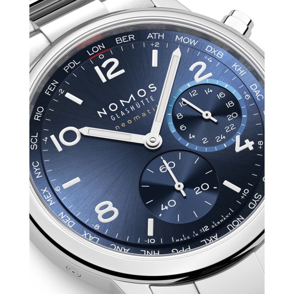 Watch Nomos Club Sport Neomatik Worldtimer Mondial sapphire back blue dial steel bracelet
