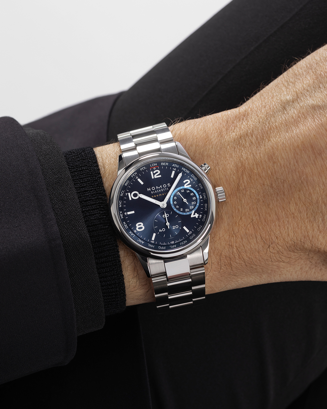 Watch Nomos Club Sport Neomatik Worldtimer Mondial sapphire back blue dial steel bracelet