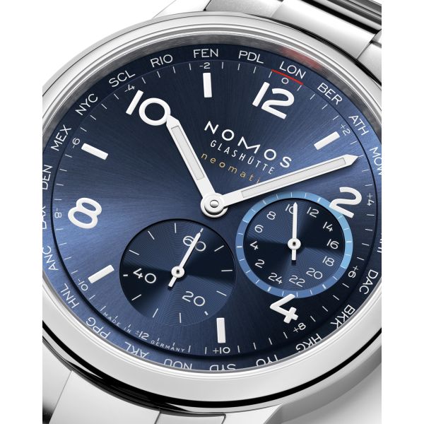 Watch Nomos Club Sport Neomatik Worldtimer Mondial sapphire back blue dial steel bracelet