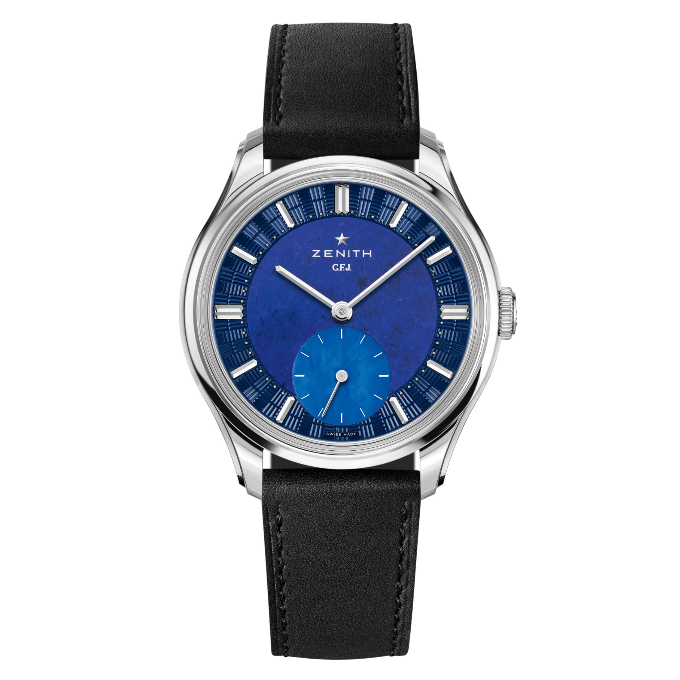 Zenith G.F.J Calibre 135 platinium Lapis Lazuli dial leather strap 39 mm