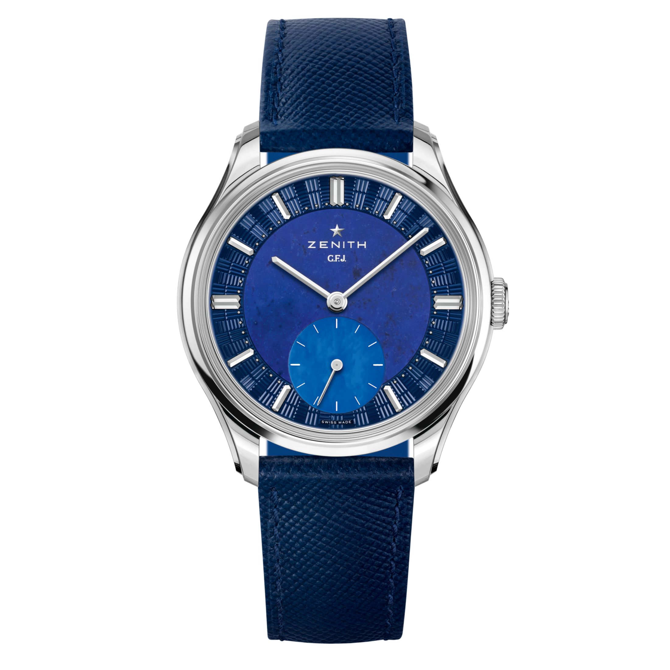 Zenith G.F.J Calibre 135 platinium Lapis Lazuli dial leather strap 39 mm