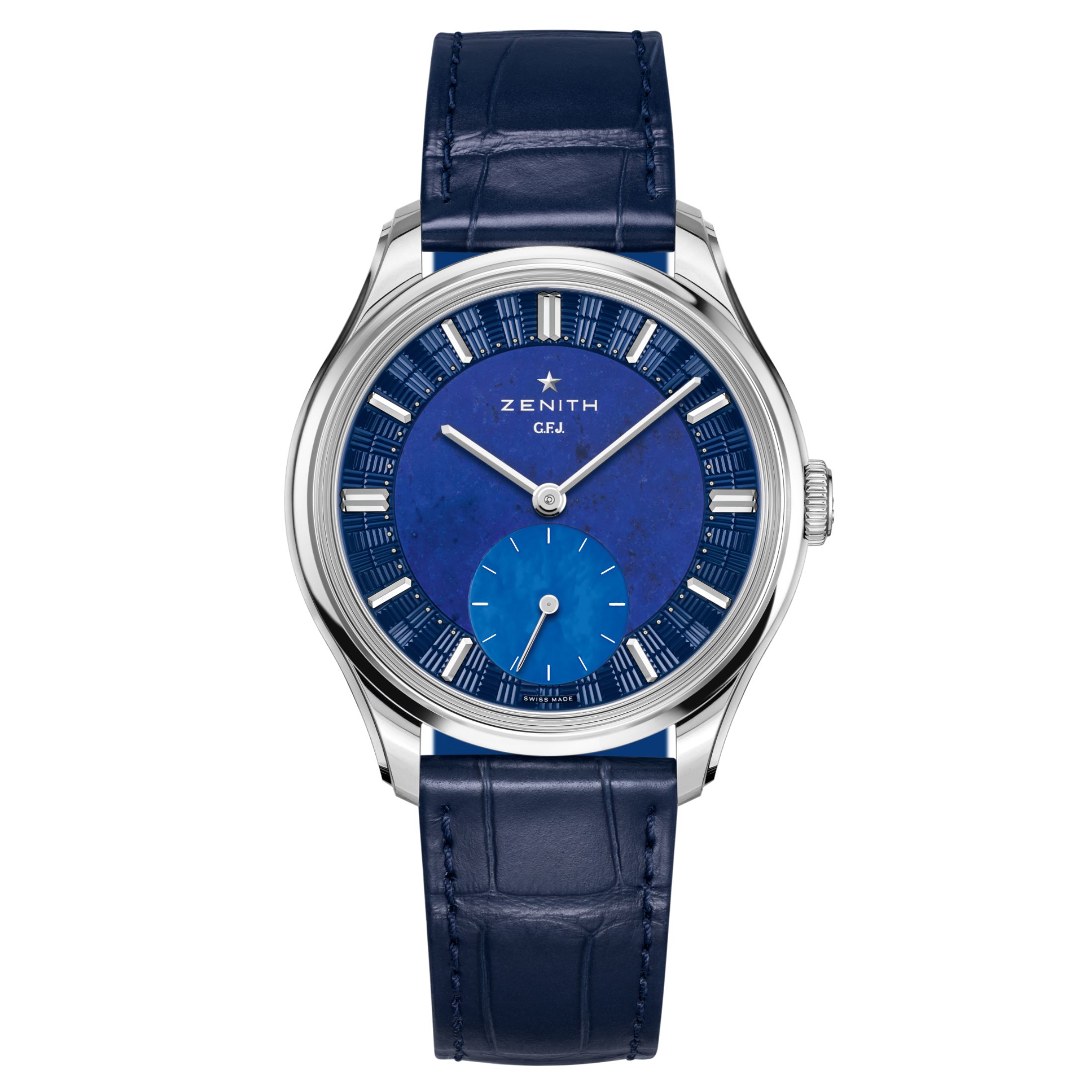Zenith G.F.J Calibre 135 platinium Lapis Lazuli dial leather strap 39 mm