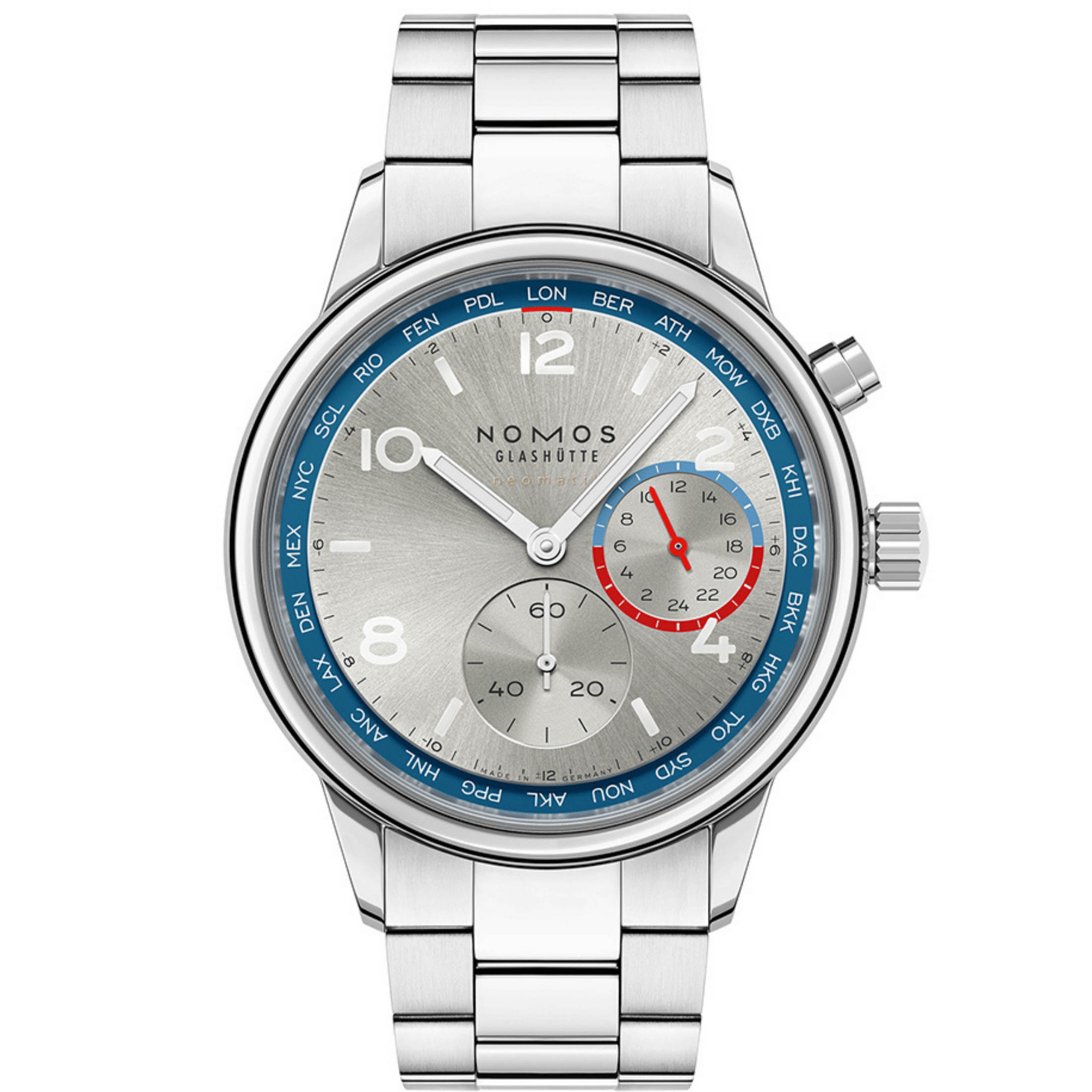Watch Nomos Club Sport Neomatik Worldtimer Mondial sapphire back silver dial steel bracelet