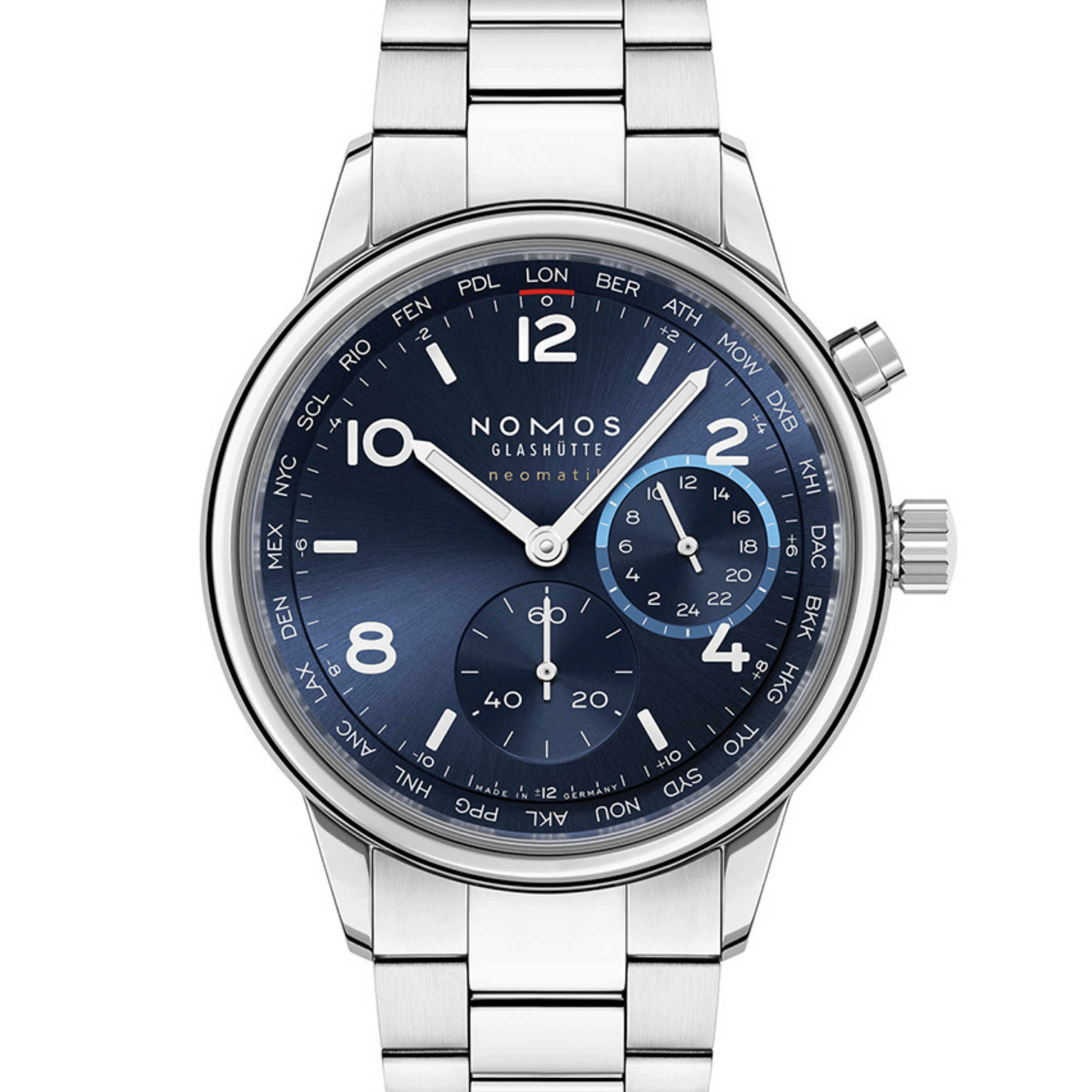 Montre Nomos Club Sport Neomatik Worldtimer Mondial cadran bleu bracelet acier 40 mm