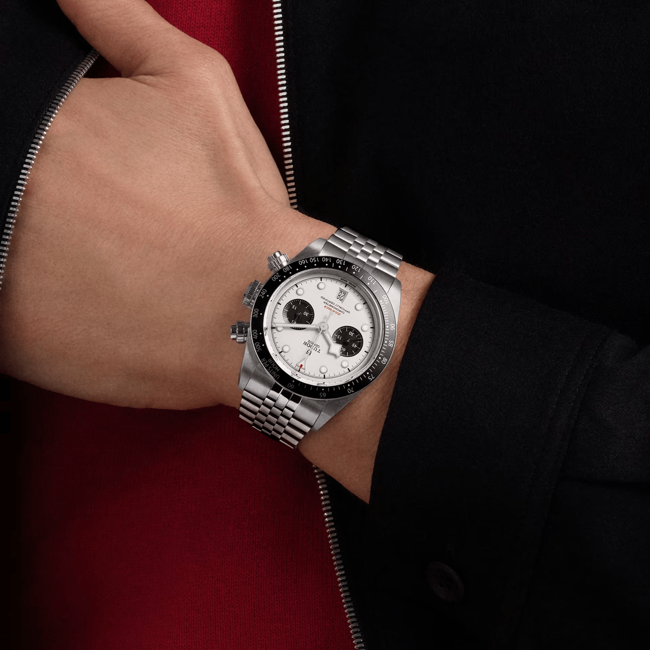 Montre Tudor Black Bay Chrono automatique cadran blanc opalin bracelet acier 5 mailles 41 mm