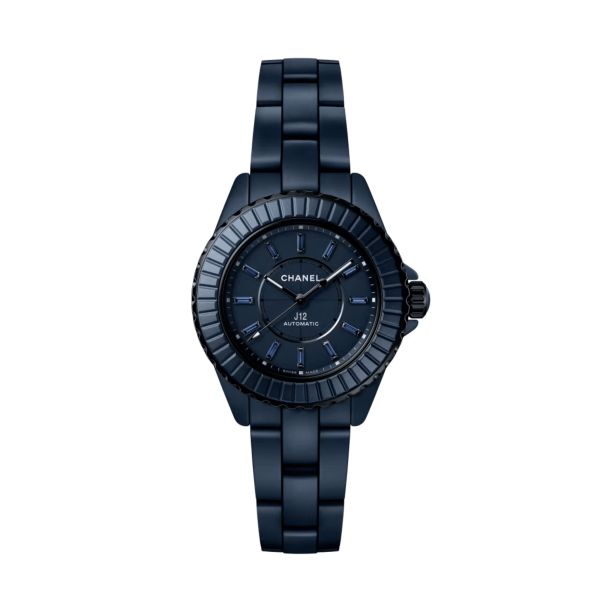 Montre CHANEL J12 BLEU automatique cadran bleu, index saphirs bleus et bracelet céramique bleu 33 mm
